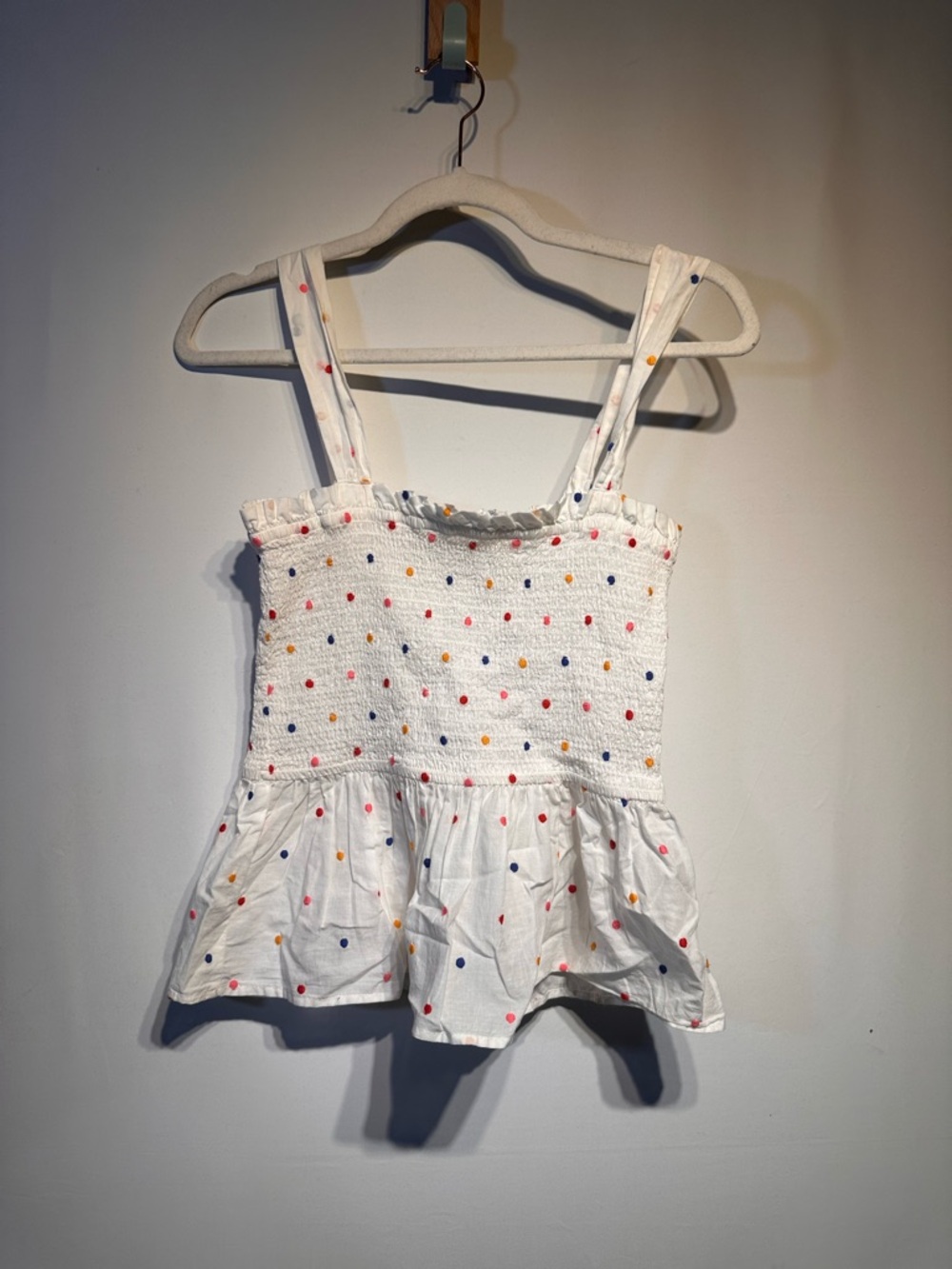 LOFT White Smocked Top with Multicolor Embroidered Dots